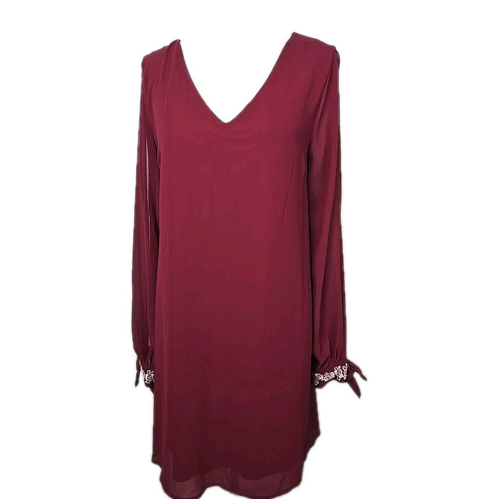 Miami Burgundy Chiffon V Neck Long Dbl-Slit-Sleeve Dress Size Large L